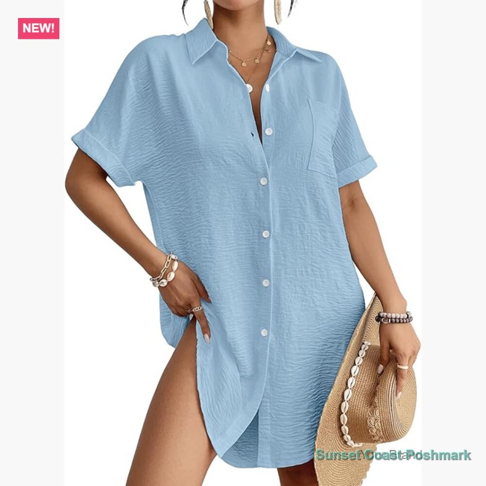 Button Down Shirt Dress Swimsuit Cover Up Beach Vacation Outfit
